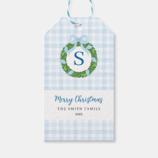 Blaue Schleifen-Weihnachtskranz Gingham Geschenkanhänger