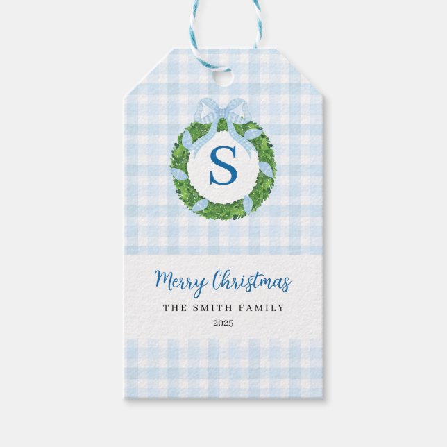 Blaue Schleifen-Weihnachtskranz Gingham Geschenkanhänger (Vorderseite)