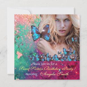 BLAUE SCHMETTERLING SÜSSE 16 PARTY MONOGRAMM EINLADUNG