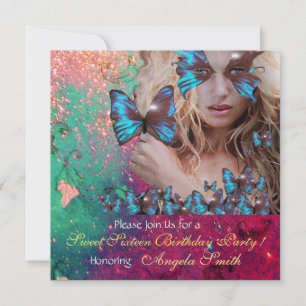 BLAUE SCHMETTERLING SÜSSE 16 PARTY MONOGRAMM, GOL EINLADUNG