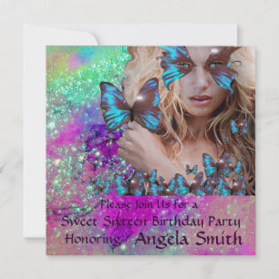 BLAUE SCHMETTERLING SÜSSE 16 PARTY MONOGRAMM, GOLD EINLADUNG