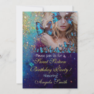 BLAUE SCHMETTERLING SÜSSE 16 PARTY MONOGRAMM Silbe Einladung