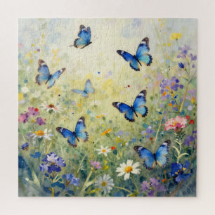 Blaue Schmetterlinge Aquarell Wildblumenwiese
