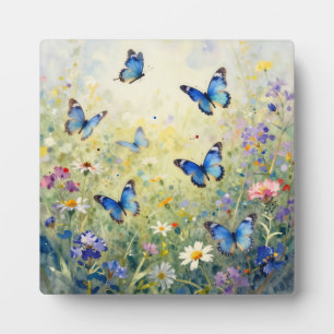 Blaue Schmetterlinge Aquarell Wildblumenwiese Fotoplatte