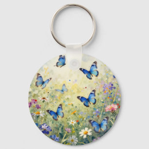 Blaue Schmetterlinge Aquarell Wildblumenwiese Schlüsselanhänger