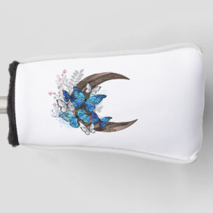 Blaue Schmetterlinge auf hölzernem Halbmond Golf Headcover