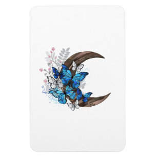 Blaue Schmetterlinge auf hölzernem Halbmond Magnet