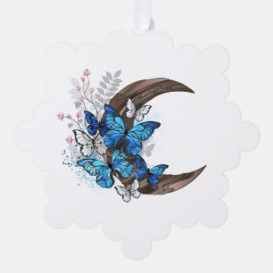 Blaue Schmetterlinge auf hölzernem Halbmond Ornament Karte
