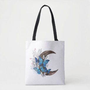 Blaue Schmetterlinge auf hölzernem Halbmond Tasche