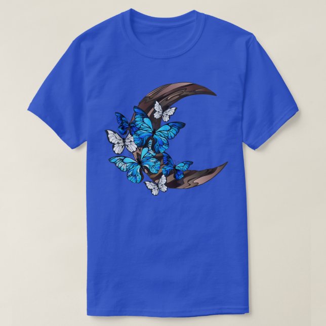 Blaue Schmetterlinge auf hölzernem Halbmond TShirt (Design vorne)