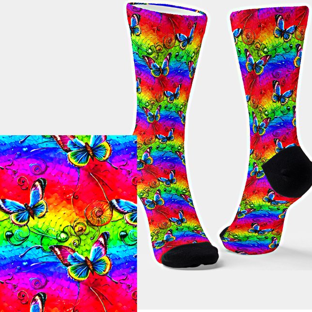 Blaue Schmetterlinge auf Regenbogen Socken (Von Creator hochgeladen)