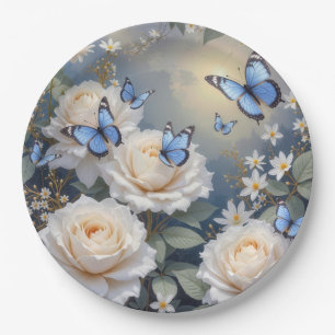Blaue Schmetterlinge auf weißen Rosen und Gänseblü Pappteller