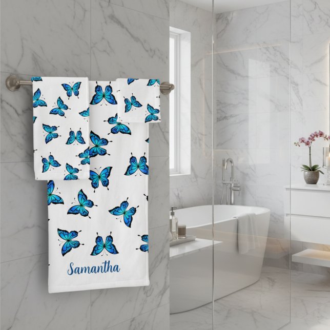 Blaue Schmetterlinge Badezimmer Handtuchhandtuch S Badhandtuch Set (Blue butterflies towel set of 3 with custom name.)