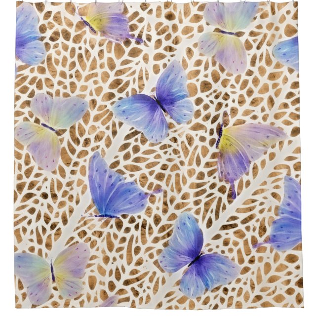 Blaue Schmetterlinge Bio braunes Tiermuster Duschvorhang (Vorderseite)