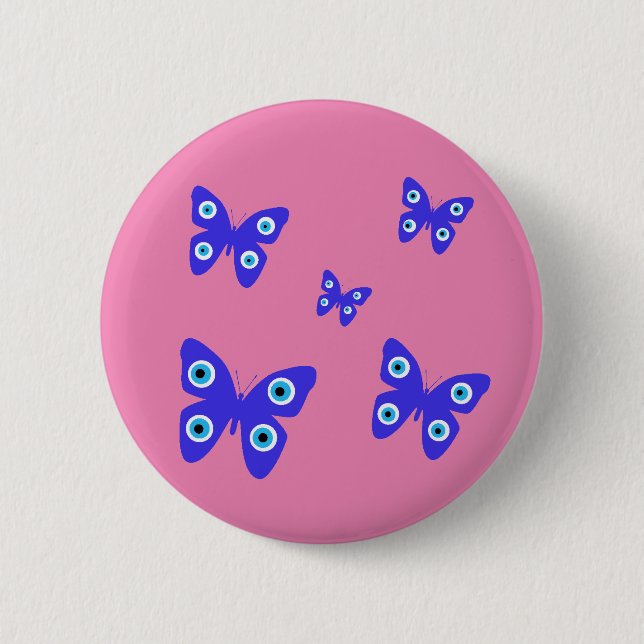Blaue Schmetterlinge böse Augen mit rosa Hintergru Button (Vorderseite)