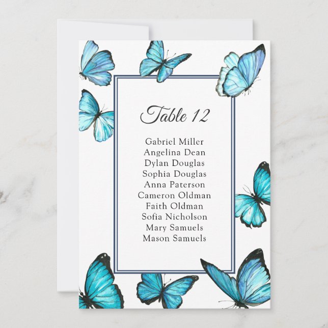 Blaue Schmetterlinge. Einfache Hochzeitstabelle Einladung (Vorderseite)