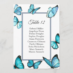 Blaue Schmetterlinge. Einfacher Hochzeitssitzplan Einladung