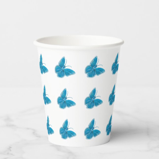 Blaue Schmetterlinge flatterndes Illustrationsmust Pappbecher (Vorderseite)