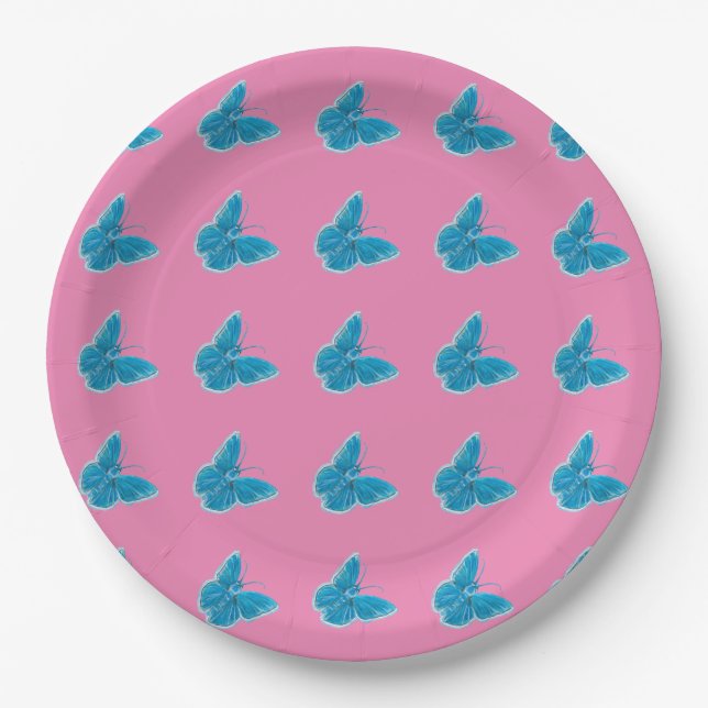 Blaue Schmetterlinge flatterndes Illustrationsmust Pappteller (Vorderseite)