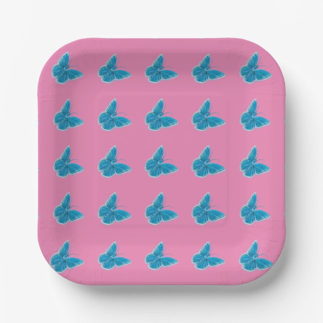 Blaue Schmetterlinge flatterndes Muster Pink Pappteller (Vorderseite)