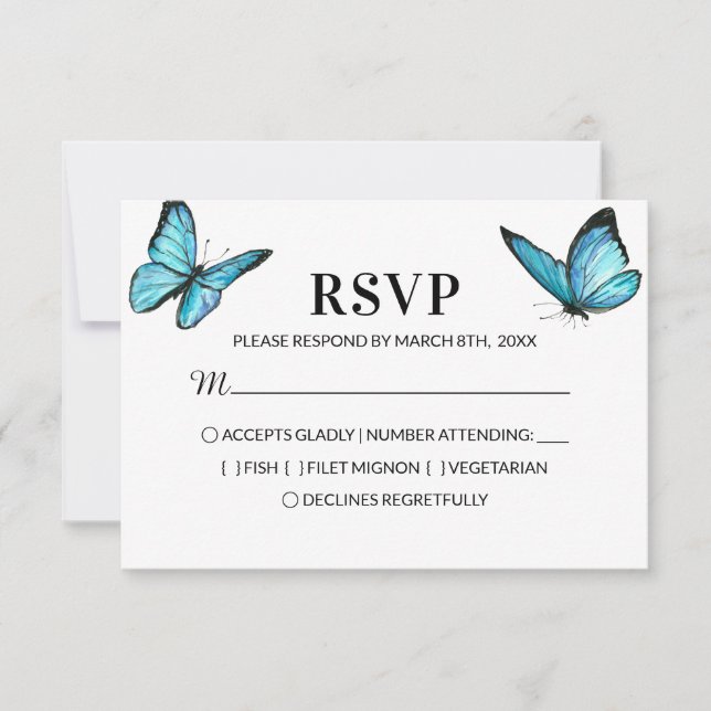 Blaue Schmetterlinge Hochzeit RSVP Karte (Vorderseite)
