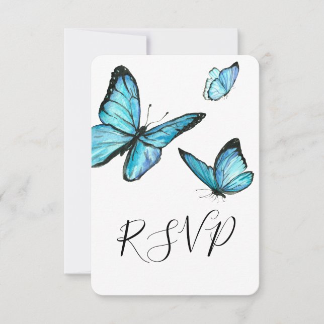 Blaue Schmetterlinge Hochzeit RSVP Karte (Vorderseite)