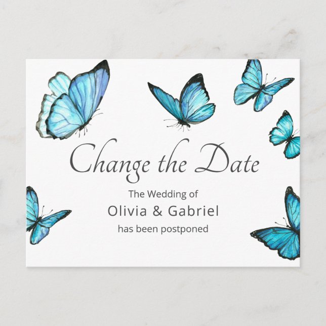 Blaue Schmetterlinge Hochzeit verändern Datum Einladungspostkarte (Vorderseite)