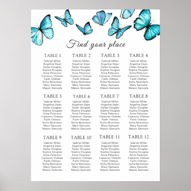Blaue Schmetterlinge Hochzeitsstichtabelle Poster (Vorne)