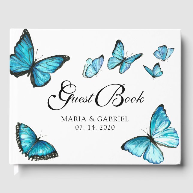 Blaue Schmetterlinge Hochzeitstorch Gästebuch (Vorderseite)