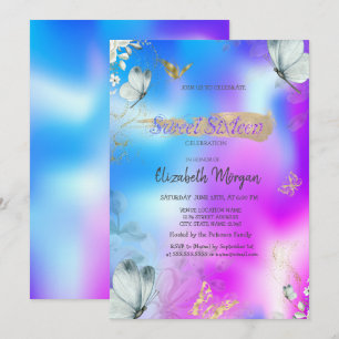 Blaue Schmetterlinge Holografischer Sweet 16 Gebur Einladung