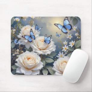 Blaue Schmetterlinge in einem weißen Rosengarten Mousepad