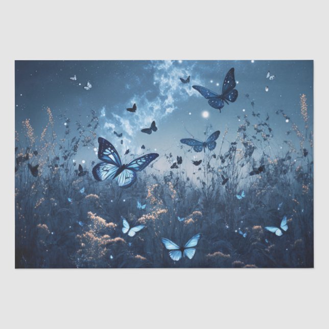 Blaue Schmetterlinge in einer Wiese im Abend Entde Seidenpapier (Vorderseite)