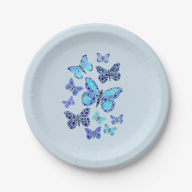 Blaue Schmetterlinge in Punkten Pappteller (Vorderseite)