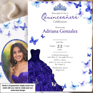 Blaue Schmetterlinge Kleid Tiara Foto Quinceanera Einladung