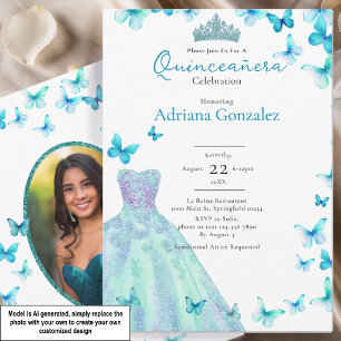 Blaue Schmetterlinge Kleid Tiara Foto Quinceanera Einladung