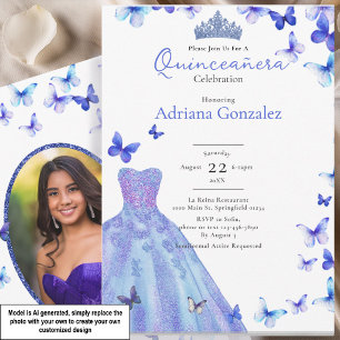Blaue Schmetterlinge Kleid Tiara Foto Quinceanera Einladung