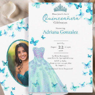 Blaue Schmetterlinge Kleid Tiara Foto Quinceanera Einladung