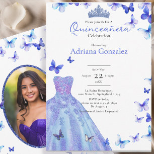 Blaue Schmetterlinge Kleid Tiara Foto Quinceanera Einladung