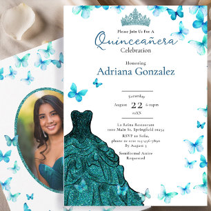 Blaue Schmetterlinge Kleid Tiara Foto Quinceanera Einladung