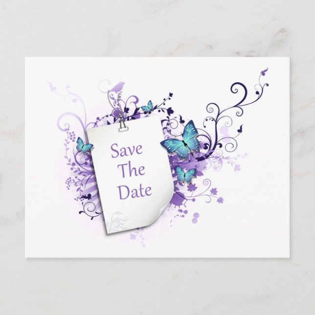 Blaue Schmetterlinge Lila Wirbel Save the Date Ankündigungspostkarte (Vorderseite)