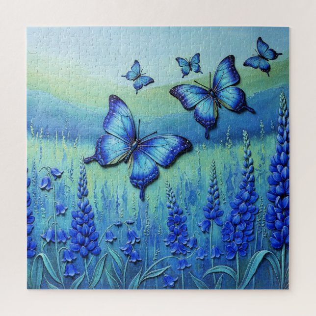 Blaue Schmetterlinge mit blauen Blumen, (Vertikal)