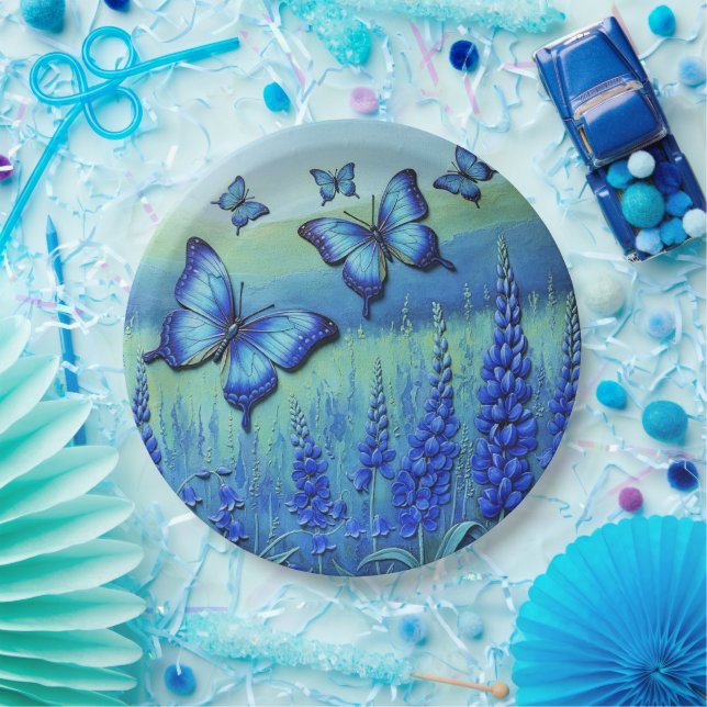 Blaue Schmetterlinge mit blauen Blumen, Pappteller (Party)