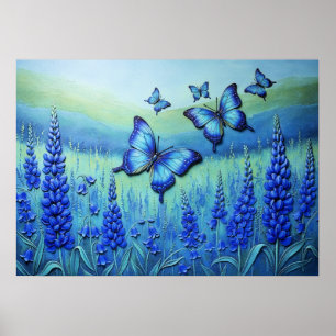 Blaue Schmetterlinge mit blauen Blumen, Poster