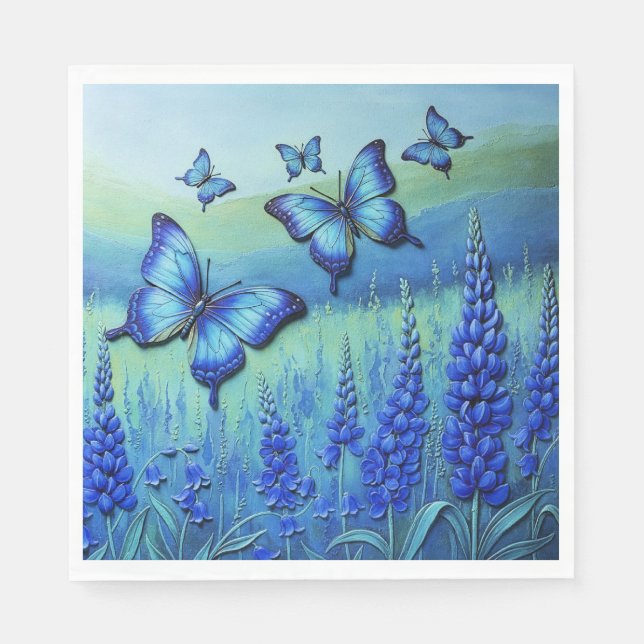 Blaue Schmetterlinge mit blauen Blumen, Serviette (Vorderseite)