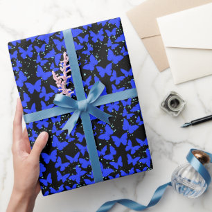 Blaue Schmetterlinge Muster C01.b Schwarze BG Geschenkpapier