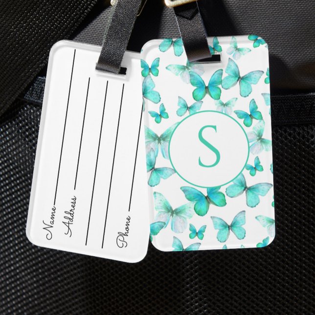 Blaue Schmetterlinge Personalisierte Monogramm-Gep Gepäckanhänger (Von Creator hochgeladen)