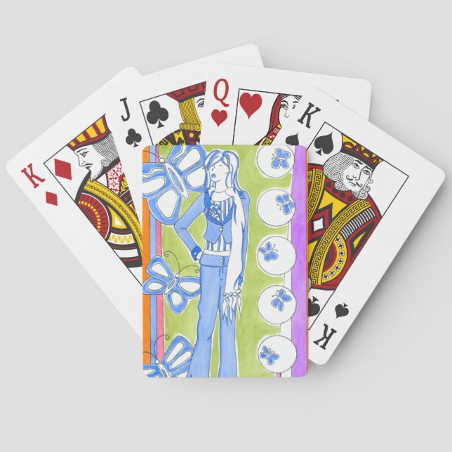 Blaue Schmetterlinge rund um das glamouröse Mädche Spielkarten (Rückseite)