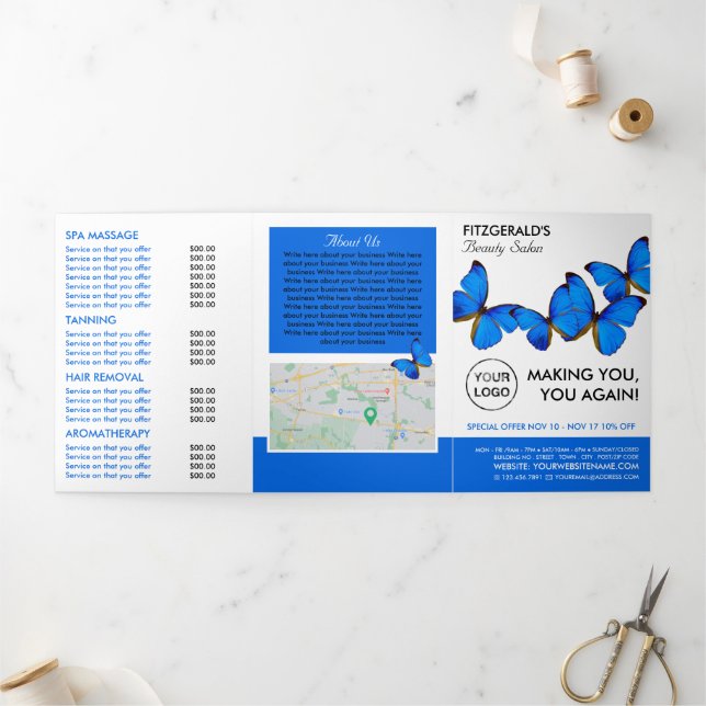 Blaue Schmetterlinge, Schönheitssalon Tri-Fold-Fly Dreifach Gefaltete Einladung (Außenbereich)