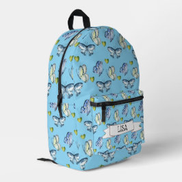 Blaue Schmetterlinge und grüne Herzen Bedruckter Rucksack