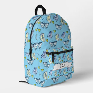 Blaue Schmetterlinge und grüne Herzen Bedruckter Rucksack